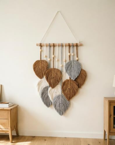 Zqyxiehuo DIY Macrame Leaf Wall Hanging Beginners Boho Wall Leaf Tapestry Kit Handmade Woven Tapestry Feather Wall Hanging DIY Macrame Kit for Adults Birthday Gift 11.8"(Gray,Yellow) - Image 5