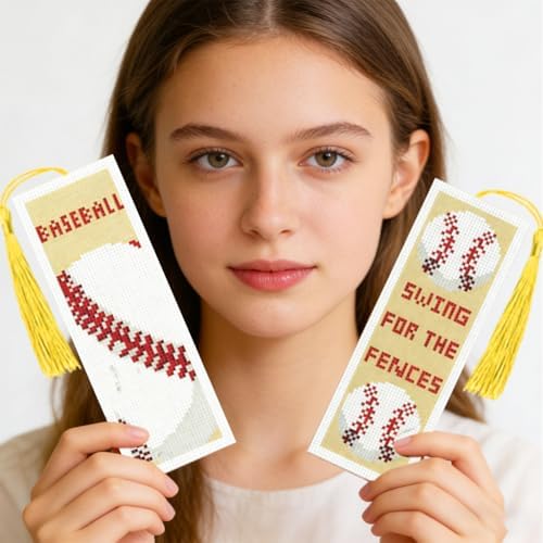 INFUNLY 6 Pcs Baseball Cross Stitch Bookmark Kit with Tassels, Stamped Pre-Printed Embroidery for Adult Beginners, Tools with Floss Scissors Needles Instructions, DIY Gift for Book Lovers - Image 7