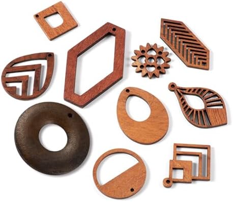 EEE ELECRELIVE 10 Pairs Wooden Dangle Earring Making Kit Wood Charms Teardrop Leaf Gear Rhombus Wooden Pendants with Earring Hooks Unfinished Wood Pendants for Bohemian Jewelry - Image 7