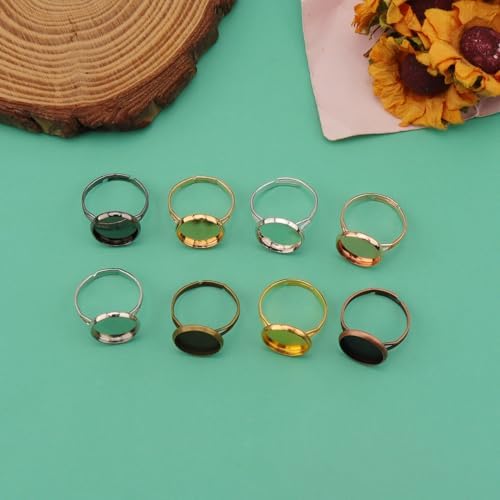 Oubaka 64pcs Blank Rings 12mm Adjustable Blank Rings Adjustable Flat Ring Metal Round Finger Ring Trays Round Pad Ring Trays Adjustable Ring Blanks Bezel Trays for Rings Making DIY Crafts(8 Colors) - Image 7