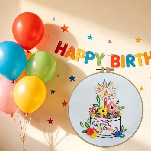 Esffaci Embroidery Starter Kit for Adult Beginner with Birthday Cake Flowers Pattern Hand Embroidery Set with Cloth Hoop Needle Threader Floss and Instruction - Image 6