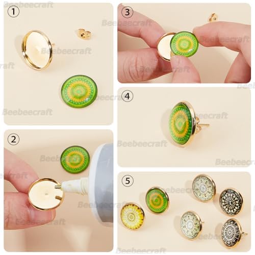 Beebeecraft 1 Box 50Pcs 16mm Cabochon Earring Blanks 18K Gold Plated Stainless Steel Stud Earrings Findings Round Tray Bezel Cup Earring Settings Posts and Back for Jewelry Making Kit Resin Craft - Image 6