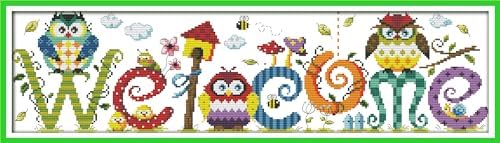 Howie's Needlepoint Cross Stitch Kits, 14CT Pre-Printed Pattern Needlepoint Kits, Full Range of Stamped Starter Kits(The owl Welcome Card,22.83 x 6.8 inch) by HowiesNeedlepoint