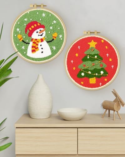 ERKOON Christmas Punch Needle Kit Adults Beginners, 2 Pcs DIY Easy Embroidery Set for Starter Art Craft, Needling Punch Project with Patterns, Tools, Yarns, Hoop, Instruction (ChristmasTree & Snowman) - Image 7