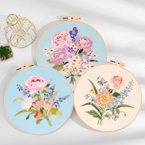 Huacan Embroidery Kits Flower for Adults Beginner 3 Pcs DIY Cross Stitch Stamped Flowers Pattern Stitching Sewing Kit 7.9 x 7.9 Inch by Home