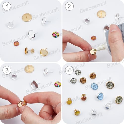 Beebeecraft 1 Box 60Pcs 8mm Blank Stud Bezel Settings 18K Gold & 925 Sterling Silver Plated Stainless Steel Flat Round Stud Earring Settings with Ear Nuts for Jewelry Making - Image 5