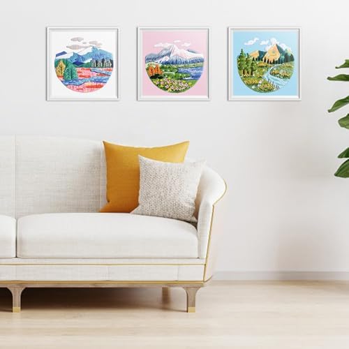 ERKOON 3 Sets Embroidery Kit, Floral Cross Stitch Set for Include Embroidery Cloth Hoops Threads for Craft Lover Hand Stitch (Landscapes) - Image 7