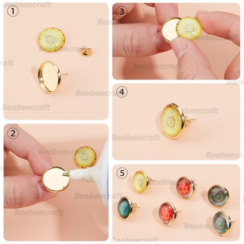 Beebeecraft 1 Box 50Pcs 14mm Stud Earring Kit 18K Gold Plated Stainless Steel Tray Cabochon Earring Settings Bezel Cup Blanks Earring Posts and Back for Jewelry Making Supplies Earring Findings - Image 6