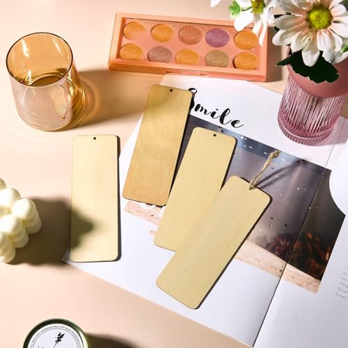 Zonon 100 Pieces Large Size Wood Blank Bookmarks DIY Wooden Craft Unfinished Hanging Tags Rectangle Blank Bookmark Ornaments with Holes and Ropes for Wedding Graduation Party Decor - Image 6