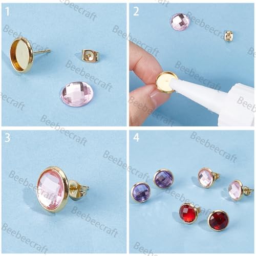 Beebeecraft 1 Box 50Pcs Earring Bezels Trays 18K Gold Plated Blanks Round Cabochon Prong Post Settings Stud Earring Findings with 10mm Tray and 50Pcs Earring Backs for Earring Jewelry Making - Image 6