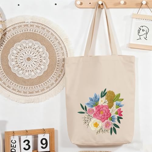 CREAWONDER Canvas Tote Bag Embroidery Kit with Pattern for Beginners, Arts and DIY Embroidery Crafts Kits for Adults, Include Instructions, Embroidery Hoops, Color Threads and Tool - Image 7