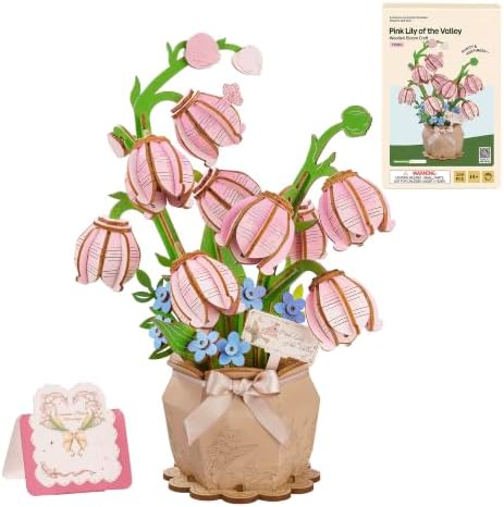 3D Flower Wooden Puzzles for Adults - Pink Lily of the Valley, DIY Wooden Flowers Plants Model Kit Building Set Crafts for Adults to Build, Creative (159 PCS) by Wowood