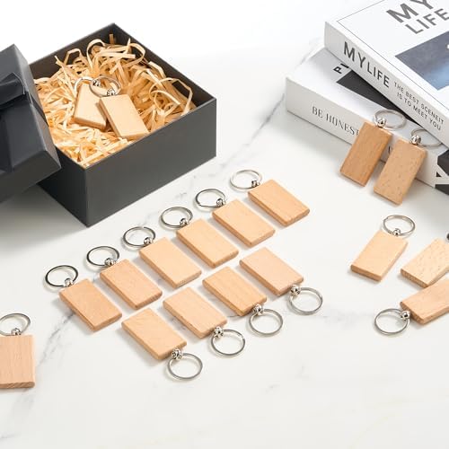 OMTech Wooden Keychain Blanks, Wood Key Chain Bulk, Unfinished Wooden Key Rings Key Tags for Laser Engraving DIY Craft Gift - Image 7