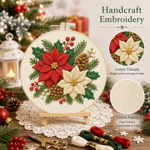DIYDeligths Christmas Embroidery Kit for Beginners Adults Pre Printed Pattern Hand Needlepoint Craft DIY Art Set with 7.87in Hoop Needle Threads Instructions (Poinsettia) - Image 7