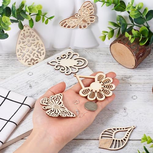 Elecrelive 8 Pairs Butterfly Wood Charms Wooden Earrings Blanks Flower Teardrop Rhombus Wood Earring Pendants Wooden Dangle Earring Making Kit with Earring Hooks - Image 7