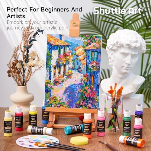 Shuttle Art 80 Colors Acrylic Paint, Acrylic Paint set with 12 Paint Brushes, 2oz/60ml Bottles, Rich Pigmented, Premium Paints for Artists, Beginners and Kids on Canvas Rocks Wood Ceramic - Image 6