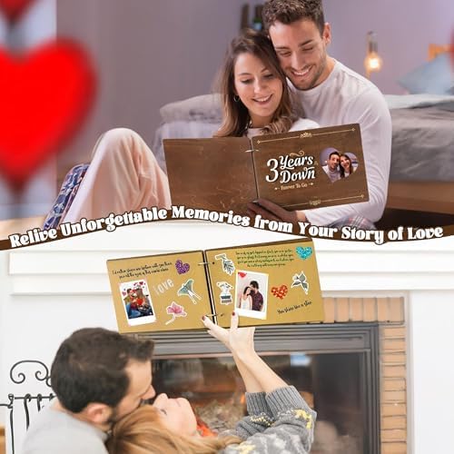 CY2SIDE 3 Years Anniversary Couple Scrapbook - 111PCS 3 Years Down Wooden Photo Album Scrapbook Craft Kit with Heart Puzzle Brown Paper Sticker and Template for DIY Dating Gift for Him Her - Image 6