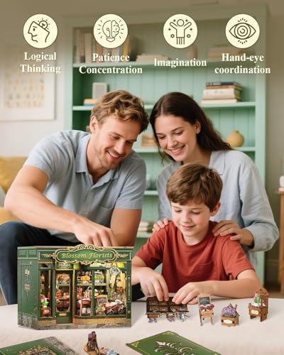 Cutefun Book Nook Kit - DIY Miniature Flower Shop Booknook Kits for Adults and Teens, 3D Wooden Puzzle Bookend Bookshelf with LED Light, Creative Crafts Gifts for Book Lovers (Blossom Florists) - Image 6