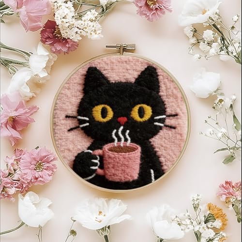 FREEBLOSS DIY Coffee Cat Punch Needle Kit for Beginners Embroidery Punch Needle Starter Craft Set with Instructions Frame Embroidery Kit for Adults Gift Decoration, 7.9"/20cm - Image 7