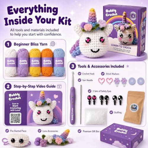 Bubbly Crochet - Luna the Unicorn Starter Kit | Includes Step-by-Step Tutorial Videos | Easy to Customize | Fun Handmade Gift and Easy Arts - Image 7