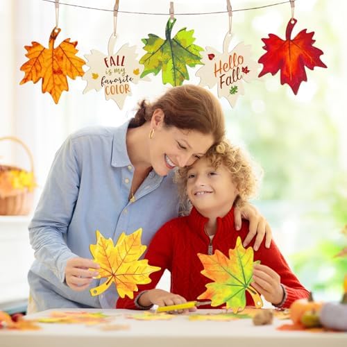 Large Size 7inch Wooden Fall Ornaments to Paint Halloween Thanksgiving Thanksgiving, Maple Leaf Cutouts Unfinished DIY Blank Unfinished Wood Discs Ornament for Crafts Hanging Autumn Decorations 10PCS - Image 7