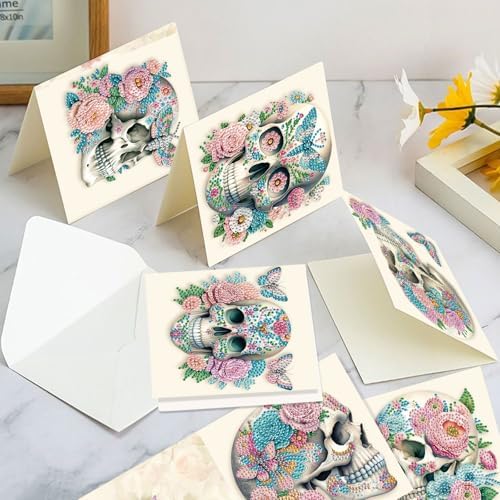 6-Pack Flower Skulls Diamond Painting Greeting Card Kits, Special Shaped Diamonds Painting, DIY Handcraft for Relatives and Friends with Wishes,Unique Design Crafting for Birthday or Holiday Cards - Image 7