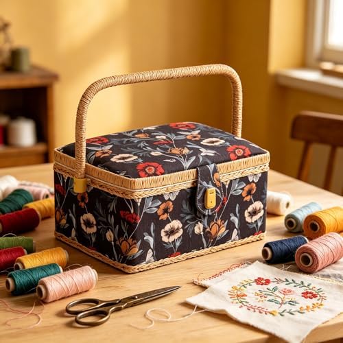 NOTIONSLAND Sewing Basket with Sewing Supplies, Medium Sewing Box for Accessories Storage, Black Red Flower - Image 6