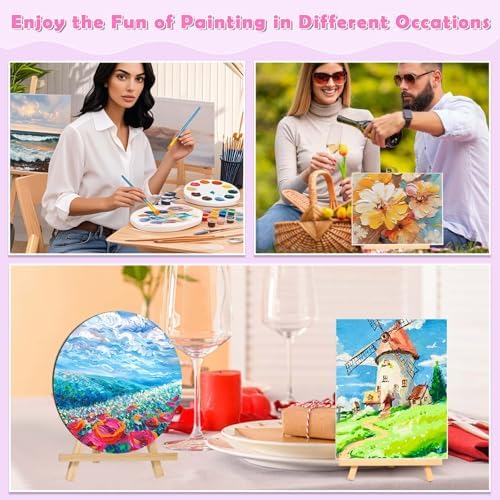 Date Night Painting Kit, 62 Pcs Detail Paint Brushes Canvas Panels with Wood Easel 12 Colors Acrylic Paint, Circular Canvas Art Aprons Sip and Paint Supplies for Adults and Beginner - Image 7
