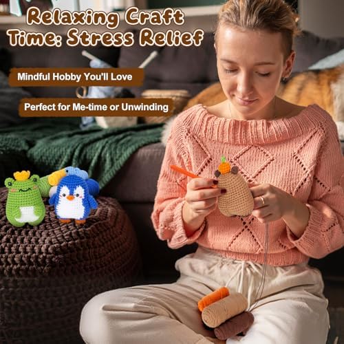 Fortuning's JDS Crochet Kit for Beginners, Crochet Animal Kit Includes Penguin, Capybara & Frog, Complete Starter Kit for Adult, DIY Craft Crochet Kits, Easy Knitting Kit Christmas Gifts - Image 6