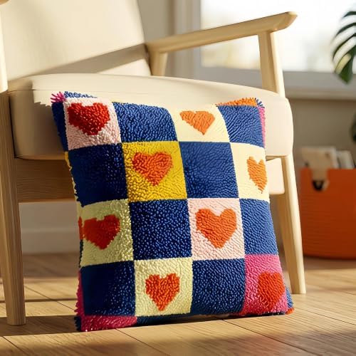 Latch Hook Kits for Adults Beginner,17x17 inch Butterfly Floral DIY Crochet Pillow Cover Kit Pre-Printed Pillowcase Hook and Latch Kit Needlework Cushion Cover for Home Sofa Decor (Grid Heart) - Image 4