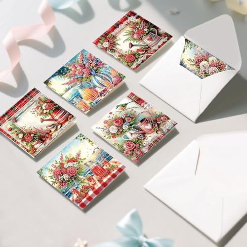 6pcs Lakeside Rose Flowers Vase Diamond Art Painting Greeting Cards Kit with Envelopes, 5D DIY Special Shaped Card Making Kits for Adults, Holiday Birthday Postcards Craft Gifts - Image 7