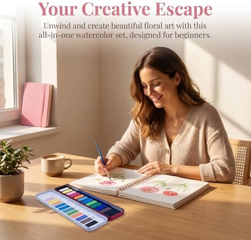 Flower Watercolour Workbook Kit for Beginners, 10.5"x7.5" Oversized Art Set with 12Paints, 14 Pre-Outlined Floral Designs & Step-by-Step Guide for Adults & Teens - Image 5