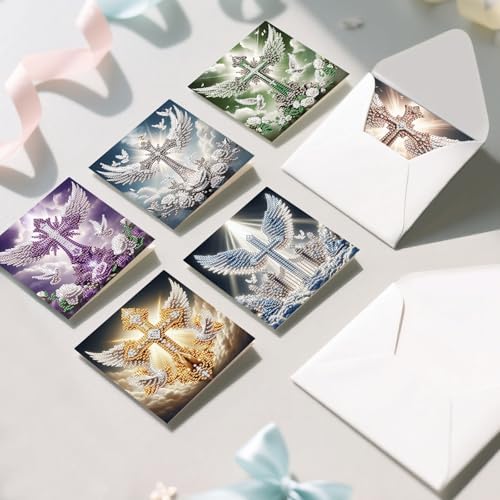 6 Pack Diamond Painting Greeting Cards with Envelopes, DIY 5D Diamond Art Card Kit Winged Cross Designs, 30x15cm Handmade Religious Cards Crafts for Spiritual Blessings and Faithful Greetings - Image 7