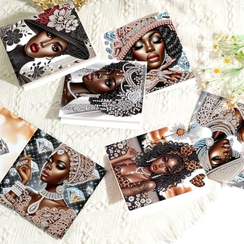 6 Pcs 5D Rhinestone Painting Greeting Cards Kits, Handmade Festival Greeting Cards with Envelopes Laser Effect DIY Diamond Art Crafts Birthday Cards for Birthdays Celebrations (Elegant African) - Image 7