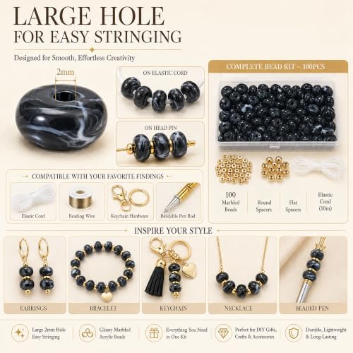 100Pcs 14mm Large Acrylic Beads for Jewelry Making, Chunky Marbled Round Focal Beads Bulk Set with Spacer Beads for DIY Bracelets Necklaces Keychains Bag Charms (Black) - Image 4