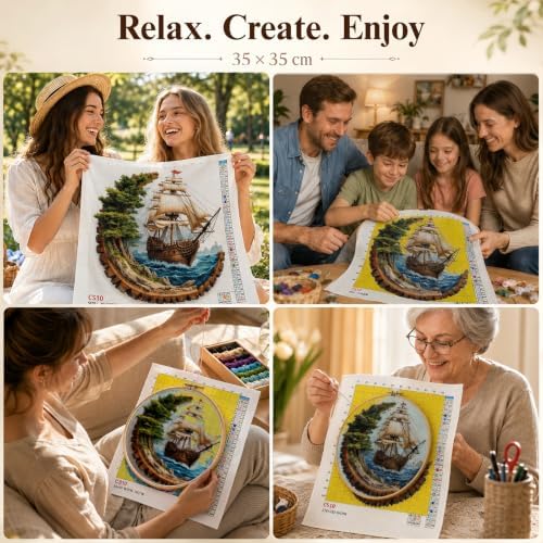 Ocean Sailboat Stamped Cross Stitch Kits for Beginner 13.7x13.7 Inch - Image 7