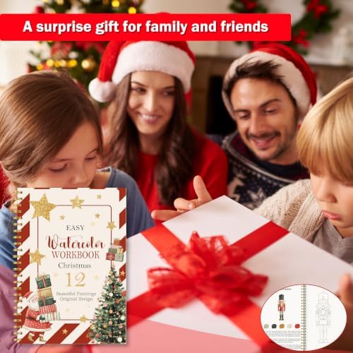 Christmas Gift, Christmas Watercolor Workbook, 12 Different Xmas Patterns Original DIY Designs, Water Coloring Book Set with Palette and Brush, Xmas Watercolor Book Gift for Beginners Girls Boys - Image 7
