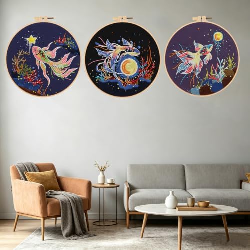 Konrisa Stamped Embroidery Kit for Adults, 3 Set Elegant Goldfish DIY Sewing Needlepoint Cross Stitch Kit with Embroidery Floss,Hoops,Color Thread,Needle,1 pc Hoop - Image 6