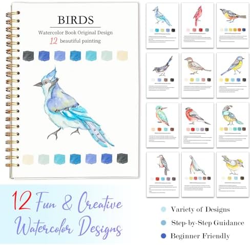 Easy Watercolor Workbook for Beginners - 12 Beautiful Step-by-Step Paintings Water Coloring Book, Includes 16 Colors Paints, Relaxing Art Projects and Creative Gift for Adults & Teen (Birds) - Image 7