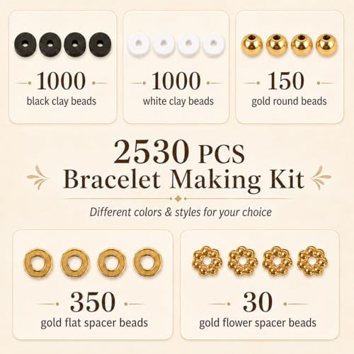 Believo Polymer Clay Beads Kit for DIY Jewelry with Elastic Cord, Colorful Flat Heishi Beads and Spacer Pieces – Ideal for Friendship Bracelet & Necklace Making (Black & White) - Image 7