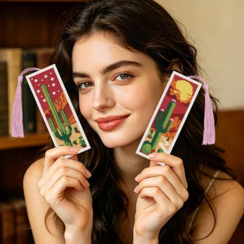 ACRNIGHEET 6PCS Cross Stitch Bookmark Kit for Beginner Stamped Cross Stitch Kits for Adults Cactus DIY Tassel Embroidery Bookmark Kits Needlepoint Kit with Instructions Craft Gift 8.5''x3'' 11CT - Image 7