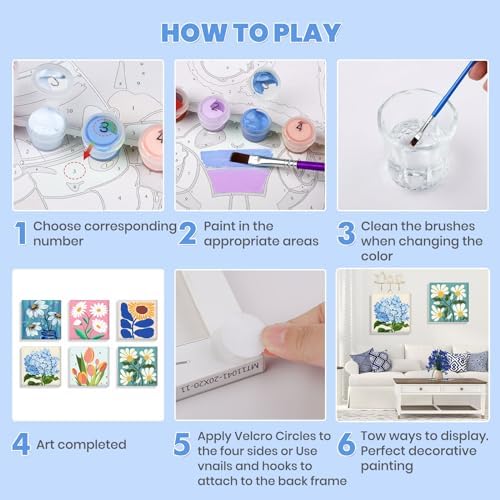 Bowetile 6 Pack Framed Paint by Numbers Kit for Adults Beginner, Flowers Adults' Paint-by-Number Kits on Canvas, Easy Acrylic Number Painting Kits Home Decor Gifts, 8x8in - Image 6