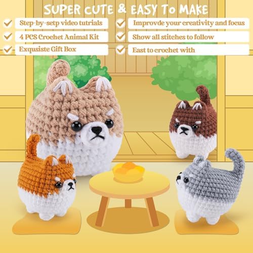 Crochet Kit for Beginners- 4 PCS Fat Shiba Inu Crochet Kits for Adults, 4PCS Corgi Dog Crochet Animal Kit with Step-by-Step Video Tutorials, Yarn, Crochet Hook, Instructions DIY Knitting Kit - Image 7