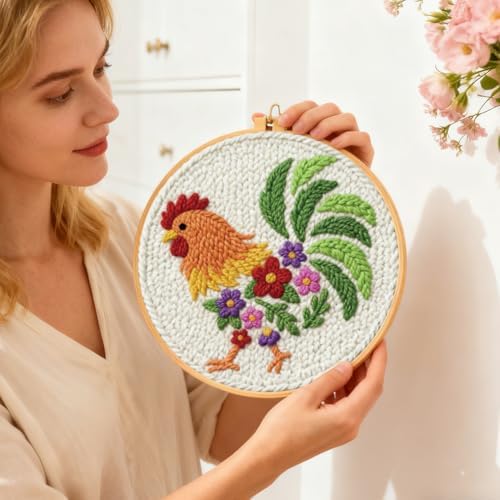 INFUNLY Rooster Punch Needle Embroidery Kits for Beginners Adults Flower DIY Punch Needle Starter Kits Animal Needles Stitching Kit with Instruction Tools Yarns for Art Crafts Festival Gift Home Decor - Image 7