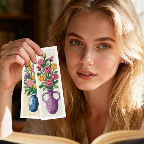 INFUNLY 6PCS Cross Stitch Bookmark Kit for Adults Flower Vase Stamped Embroidery Bookmark Kit with Backing Felt Floss Instruction for Book Lovers Readers - Image 7