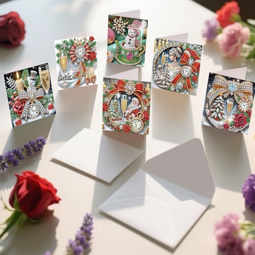 jinglinhh 6pcs Christmas Champagne Snowman Rose Diamond Art Painting Greeting Cards with Envelopes, DIY Card Making Kits for Adults, Diamond Art Postcards Christmas Cards Craft Gifts - Image 7