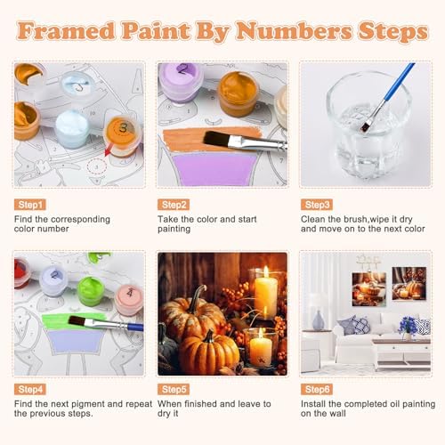 GHHKUD 4 Pack Pumpkin Candles Paint by Numbers Kits for Adults with Frame, DIY Halloween Paint by Numbers for Beginners, Painting by Numbers on Canvas Gifts for Home Decor 20x20cm - Image 7