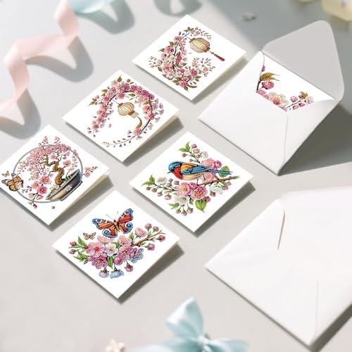 6pcs 5D DIY Diamond Painting Kit Greeting Card, Small Bird Peach Blossom Diamond Handmade Greeting Card with Envelope, Holiday Gift Congratulations - Image 7