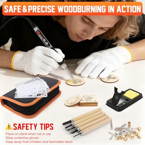 203PCS Wood Burning Kit, 100W Digital Wood Burner Tool with Adjustable Temperature, Pyrography Pen Set with 54 Tips, Letter Number Stamps, 10 Stencils, Transfer Papers, Carving Tools & Case - Image 7