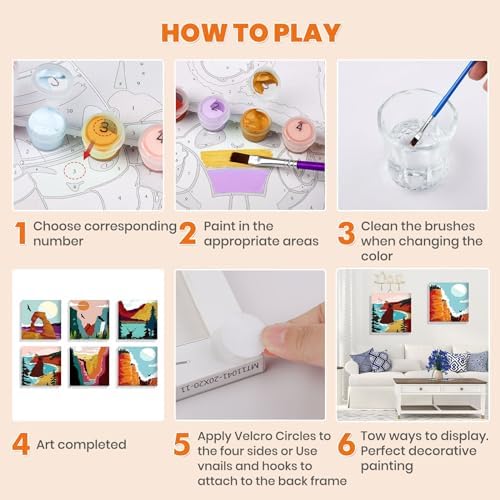 Bowetile 6 Pack Framed Paint by Numbers Kit for Adults Beginner, Landscape Adults' Paint-by-Number Kits on Canvas, Easy Acrylic Number Painting Kits for Home Decor Gifts, 8x8in - Image 7